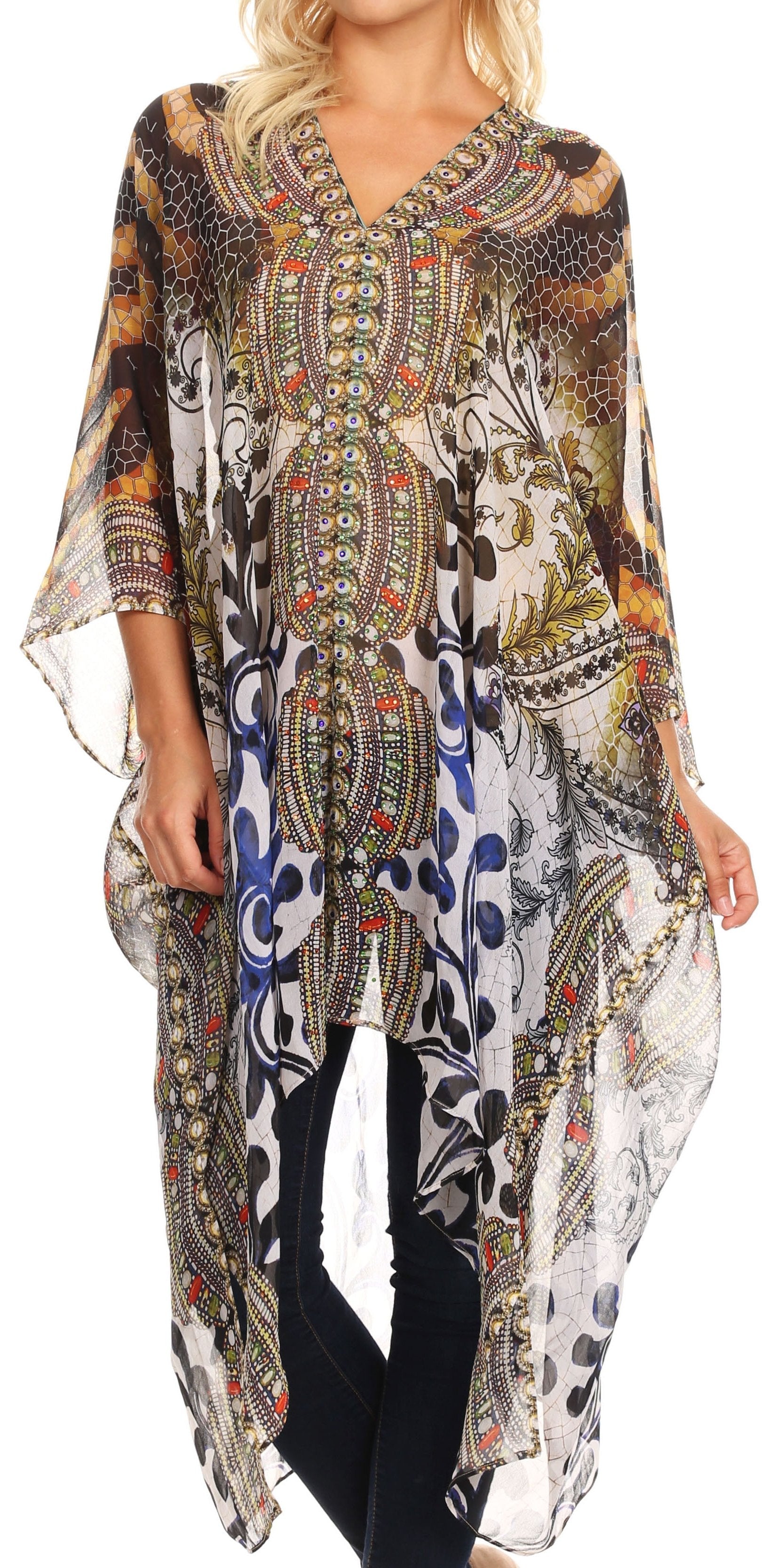 Sakkas - Livi V Neck Beach Dress Cover up Caftan Top Loose with Rhinestone