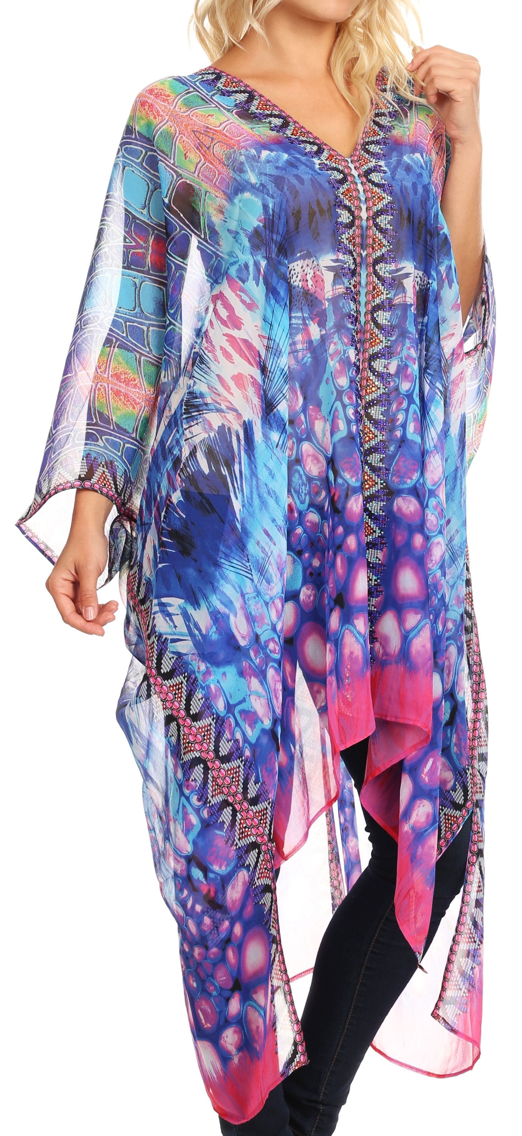Sakkas - Livi V Neck Beach Dress Cover up Caftan Top Loose with Rhinestone