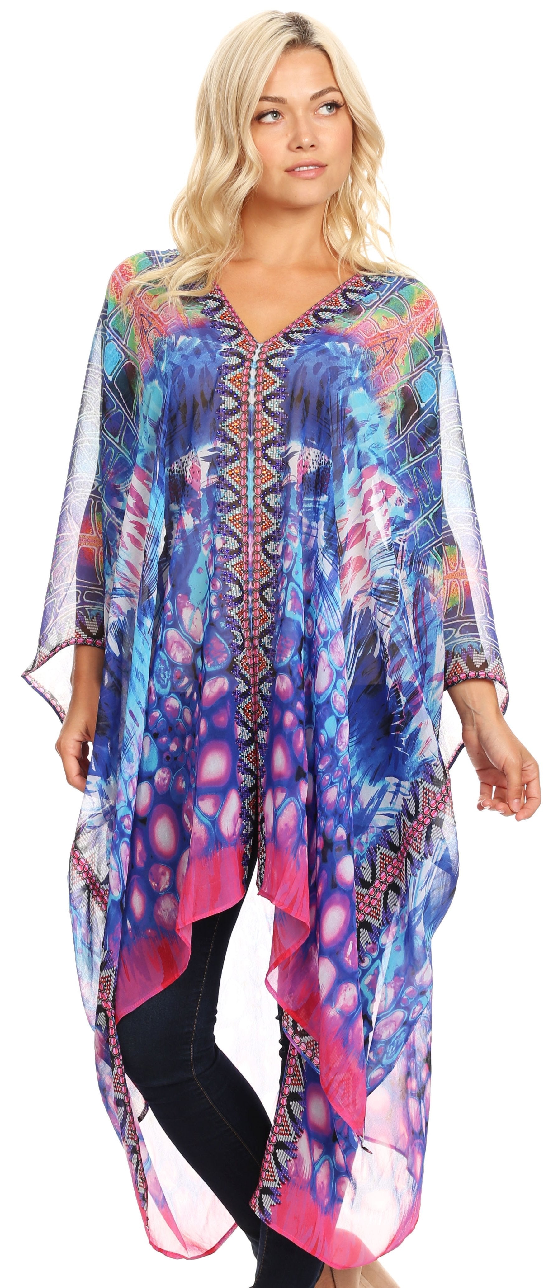 Sakkas - Livi V Neck Beach Dress Cover up Caftan Top Loose with Rhinestone