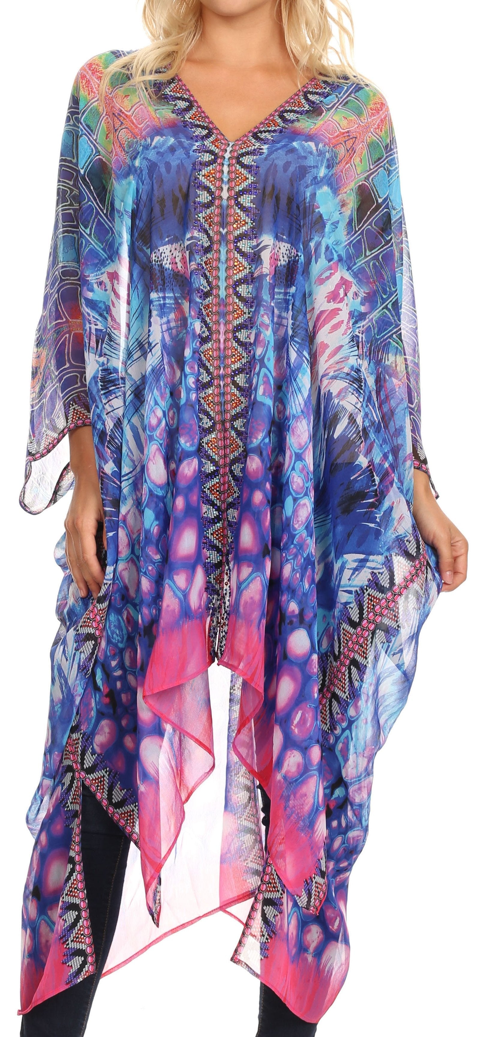 Sakkas - Livi V Neck Beach Dress Cover up Caftan Top Loose with Rhinestone
