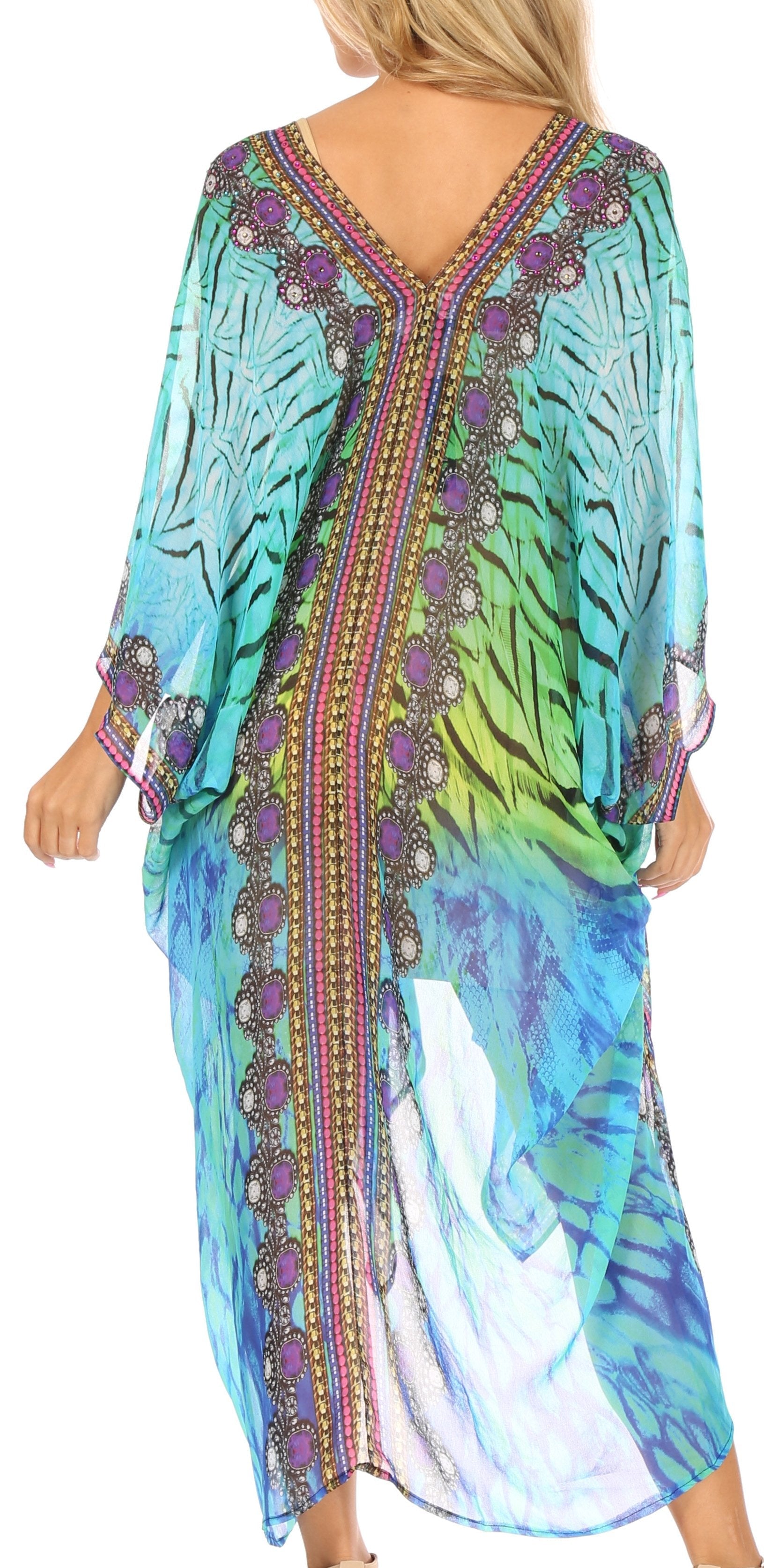 Sakkas - Livi V Neck Beach Dress Cover up Caftan Top Loose with Rhinestone