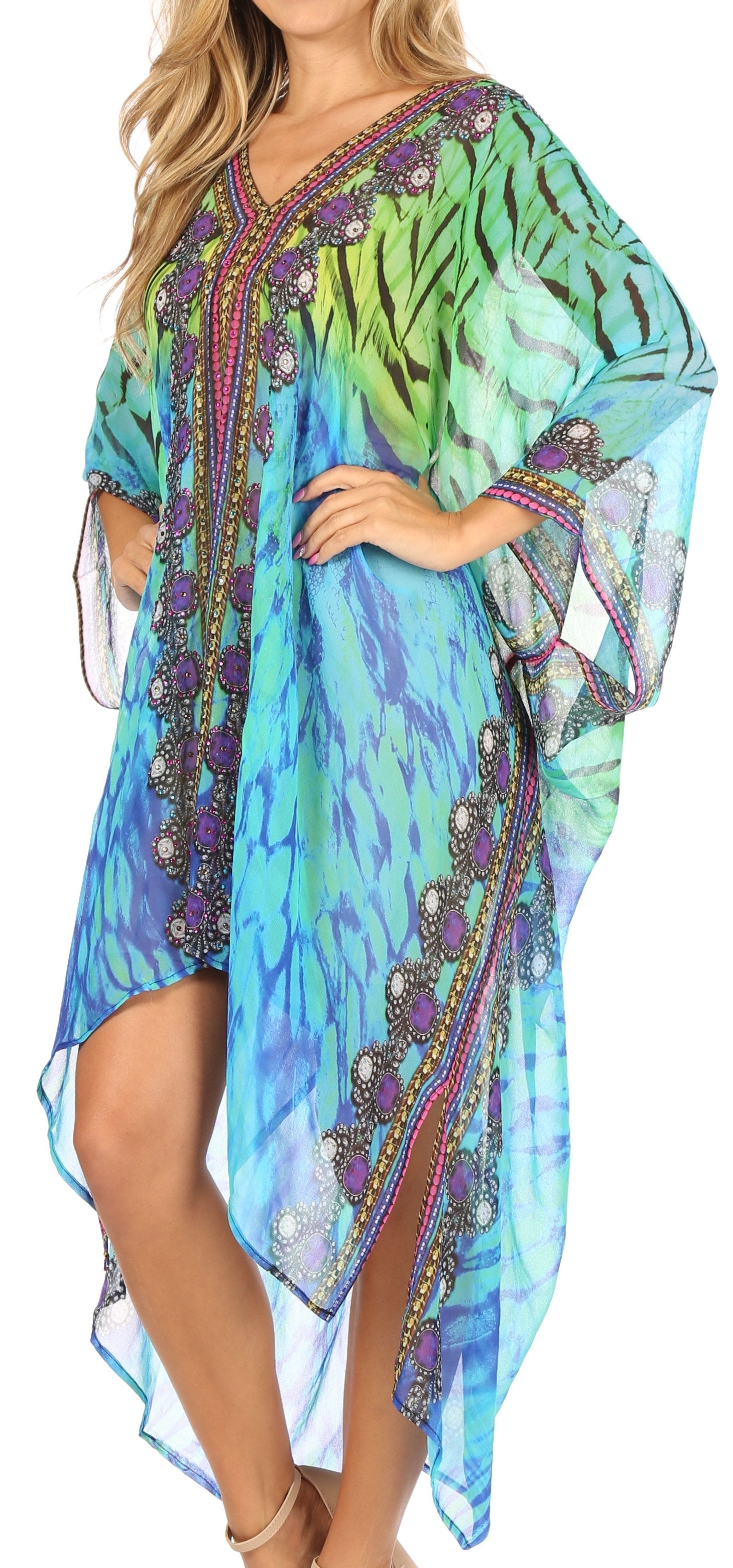 Sakkas - Livi V Neck Beach Dress Cover up Caftan Top Loose with Rhinestone