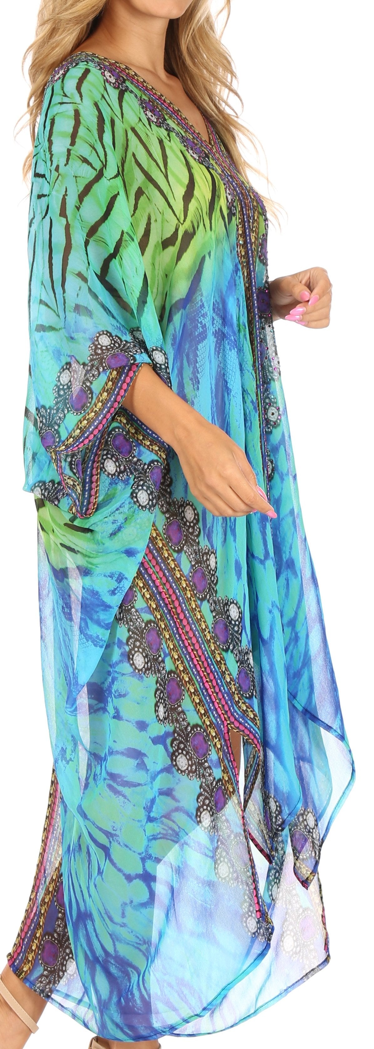 Sakkas - Livi V Neck Beach Dress Cover up Caftan Top Loose with Rhinestone