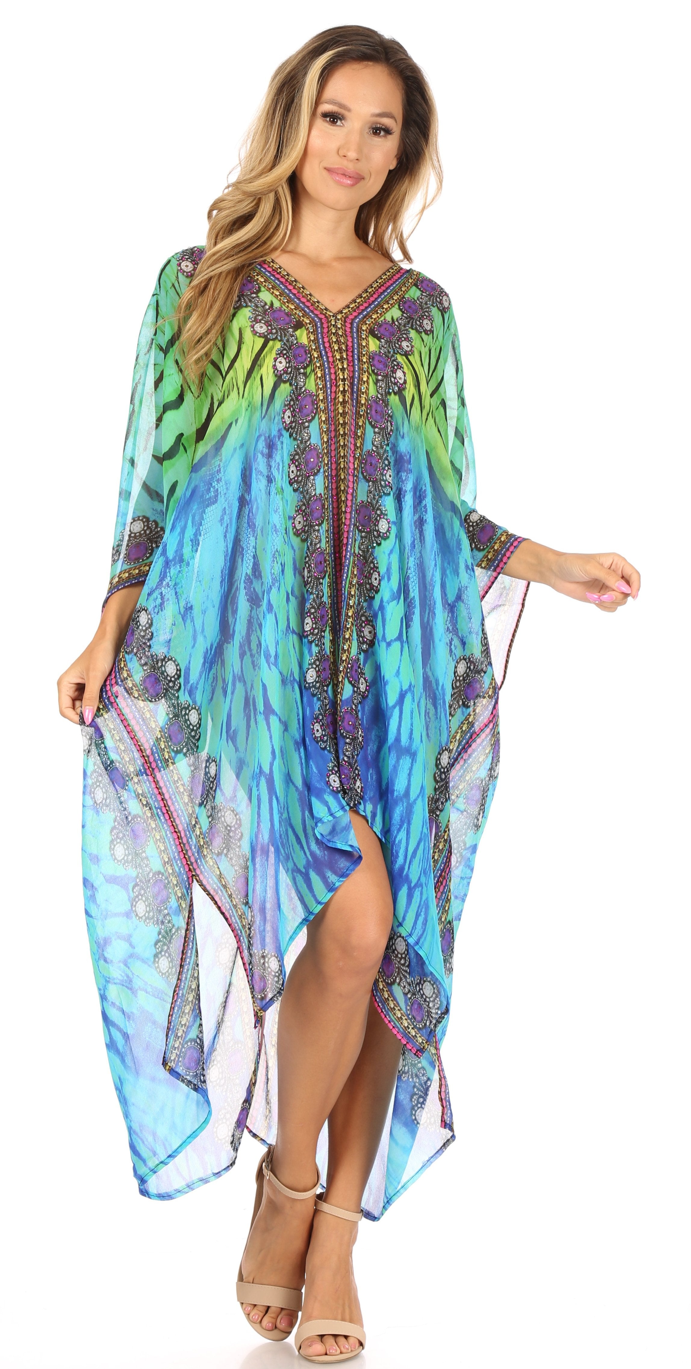 Sakkas - Livi V Neck Beach Dress Cover up Caftan Top Loose with Rhinestone