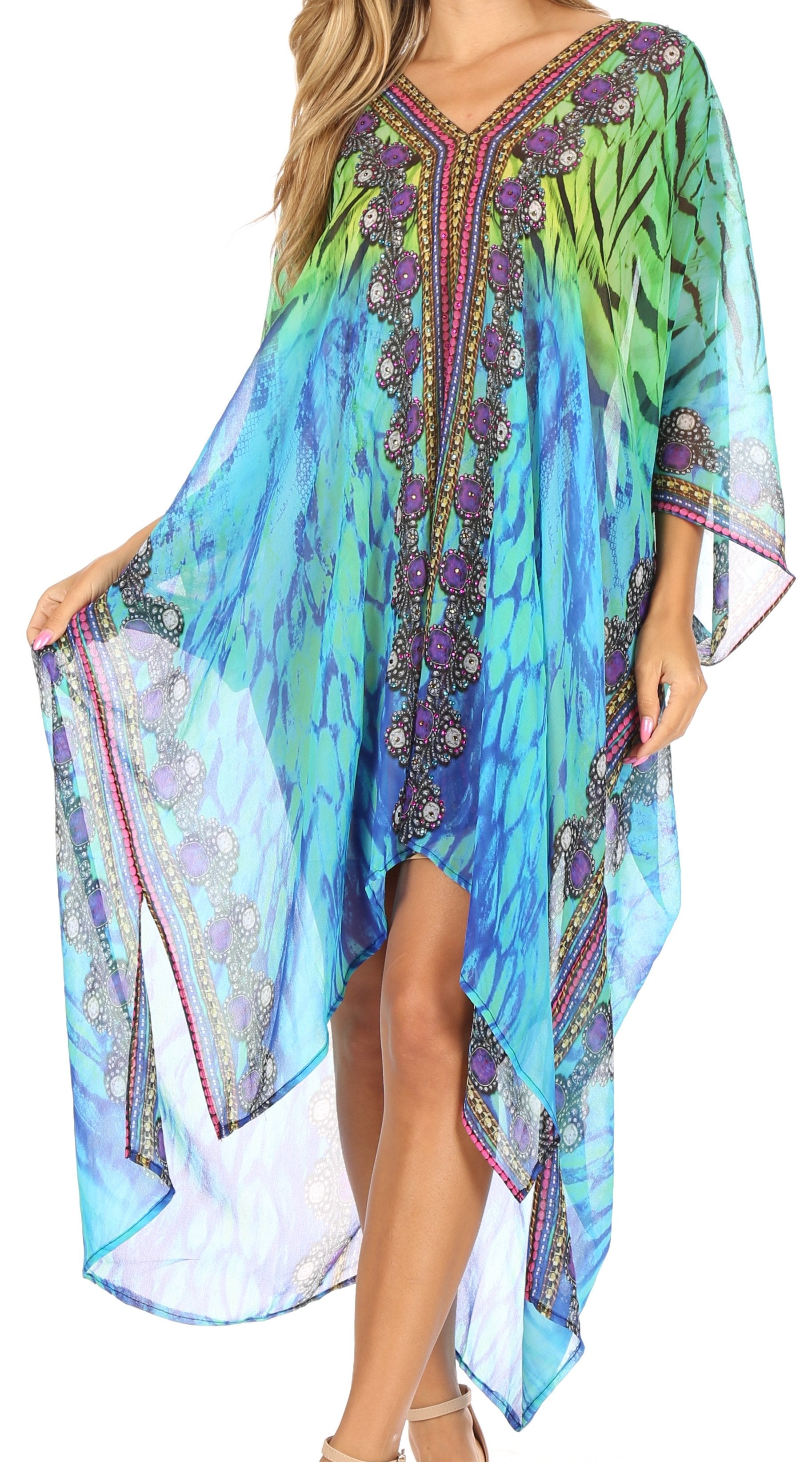 Sakkas - Livi V Neck Beach Dress Cover up Caftan Top Loose with Rhinestone