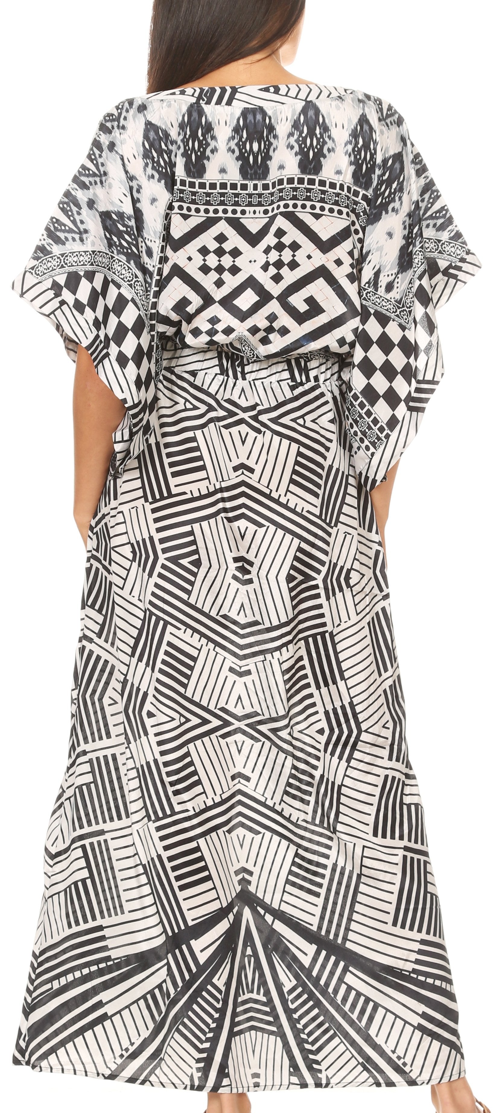 Long black and white patterned dress with a belt