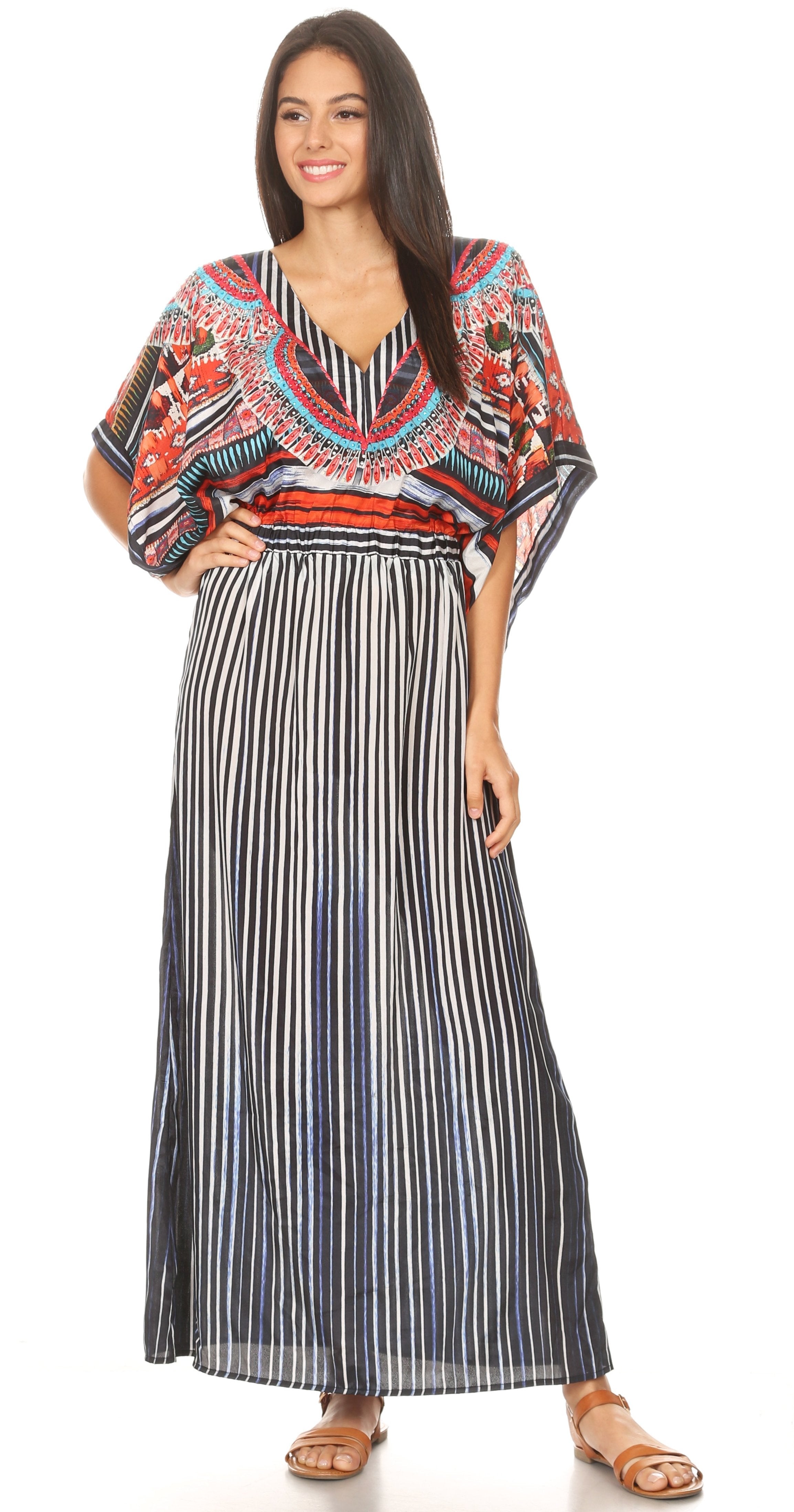Woman wearing a colorful top and striped skirt on a white background