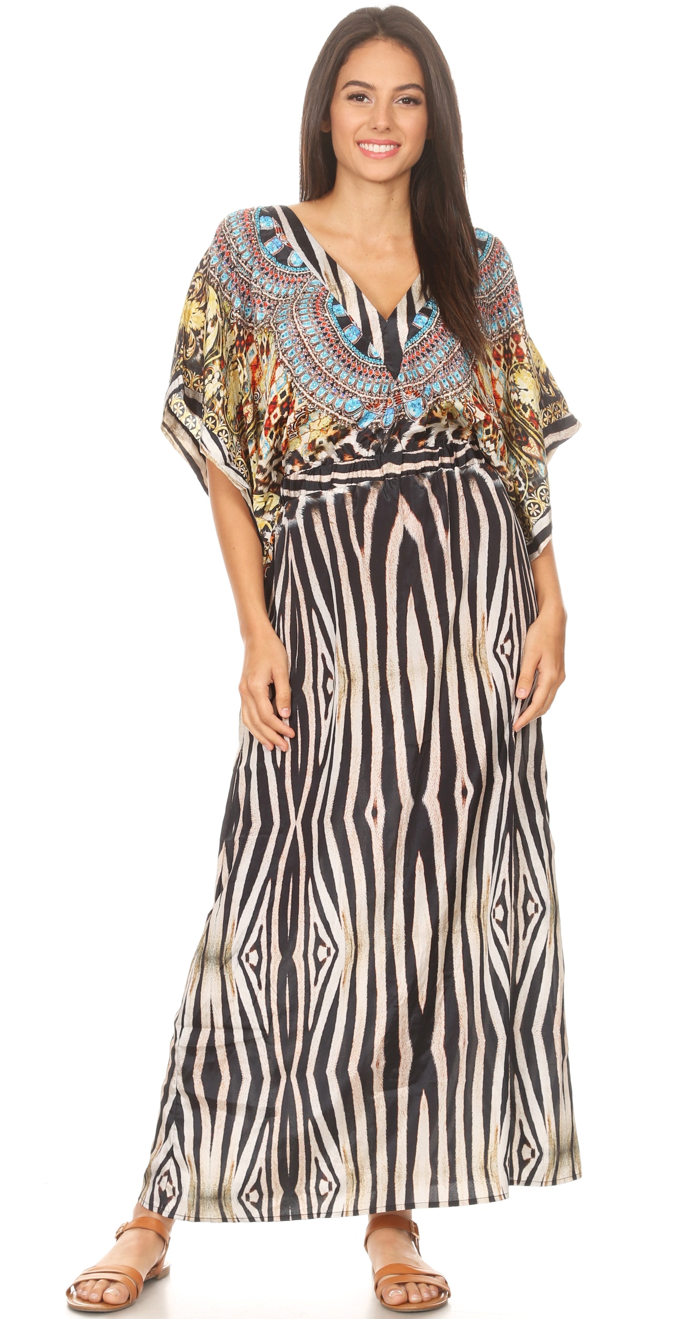 Woman wearing a patterned dress with a zebra print skirt on a white background