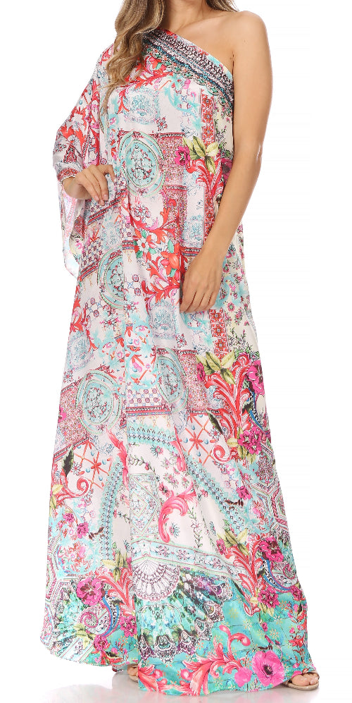 Colorful one-shoulder dress with floral pattern on a white background
