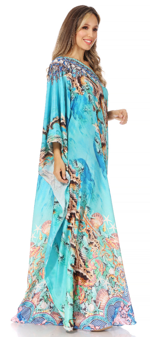 Woman wearing a colorful floral dress with a blue background