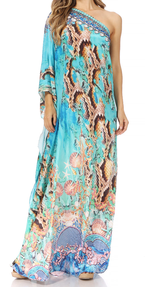 One-shoulder floral dress with a blue and pink pattern on a white background