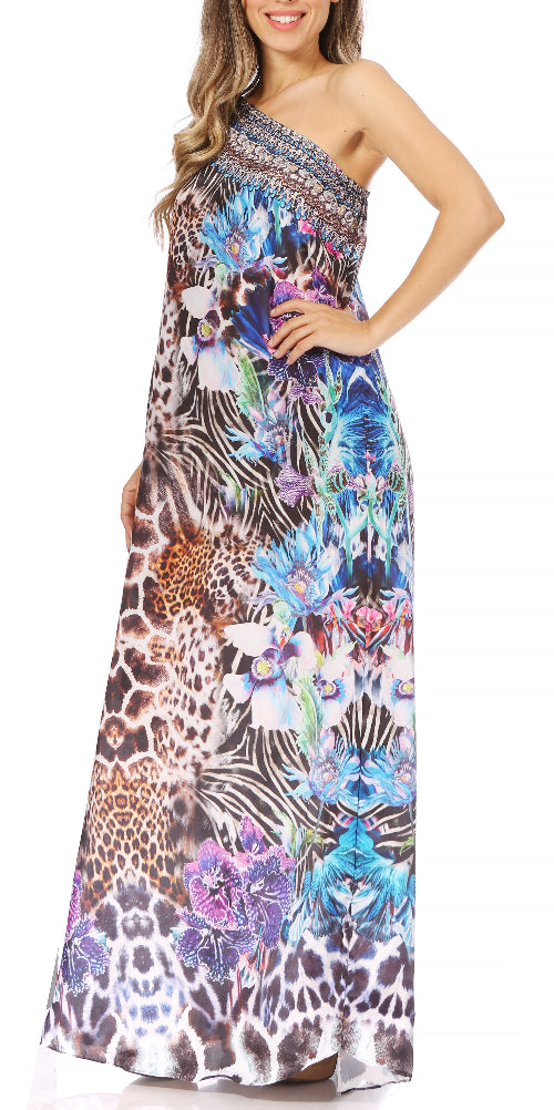 One-shoulder floral and animal print dress on a white background
