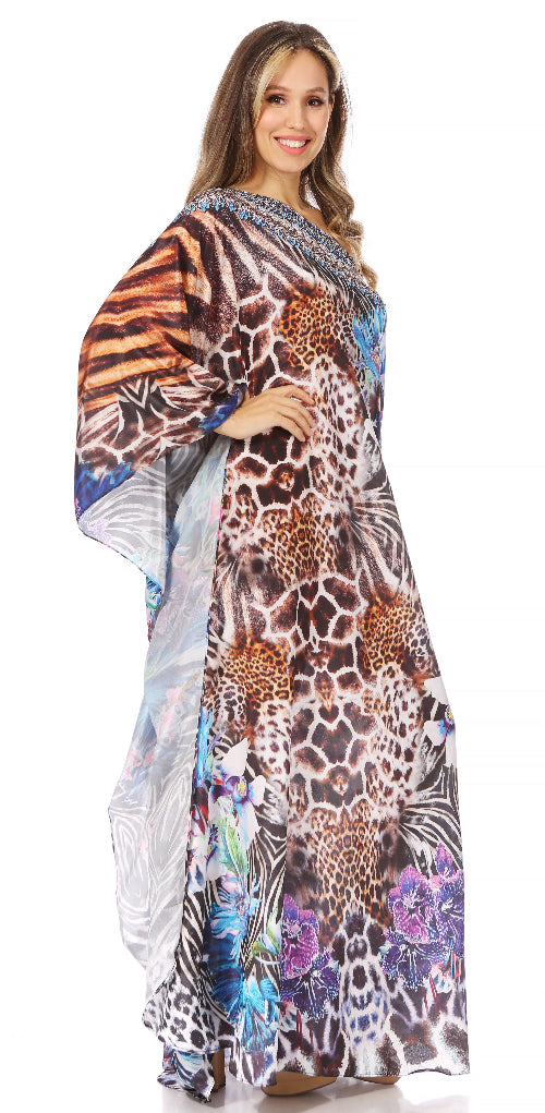 Woman wearing a long, patterned dress with animal prints on a white background