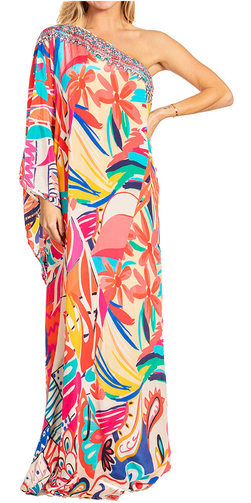 Colorful one-shoulder dress with floral pattern on a white background
