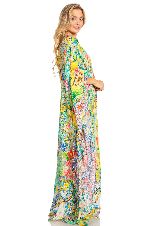 Woman wearing a colorful floral dress on a white background