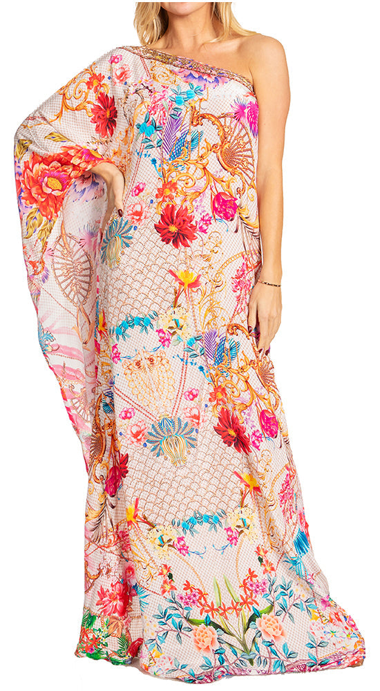 Colorful floral one-shoulder dress on a white background