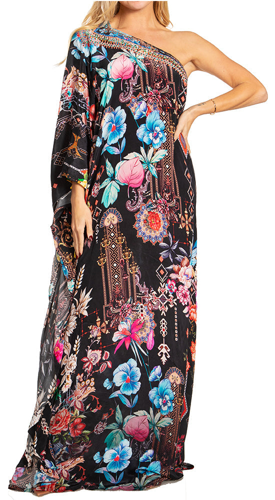 Floral one-shoulder dress with colorful patterns on a black background