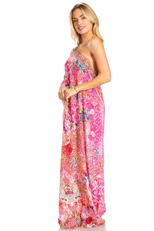 Woman wearing a pink floral dress on a white background