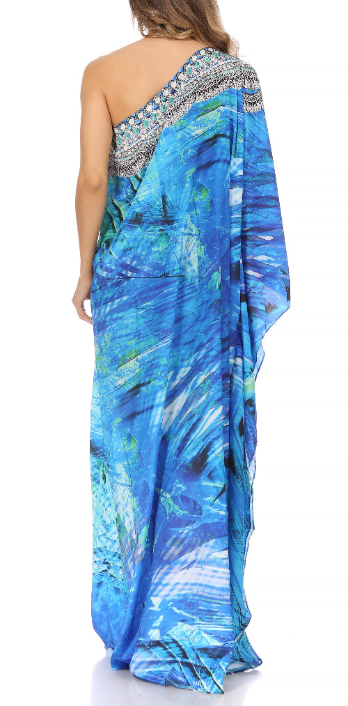 Blue floral one-shoulder dress with intricate patterns on a white background