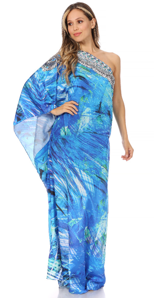 Woman wearing a blue floral one-shoulder dress with a white background