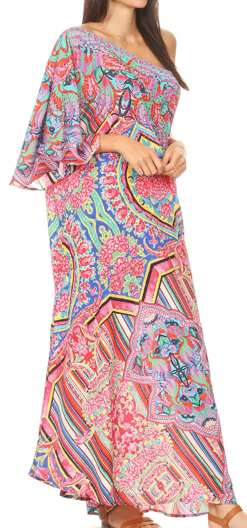 Woman wearing a colorful patterned dress on a white background