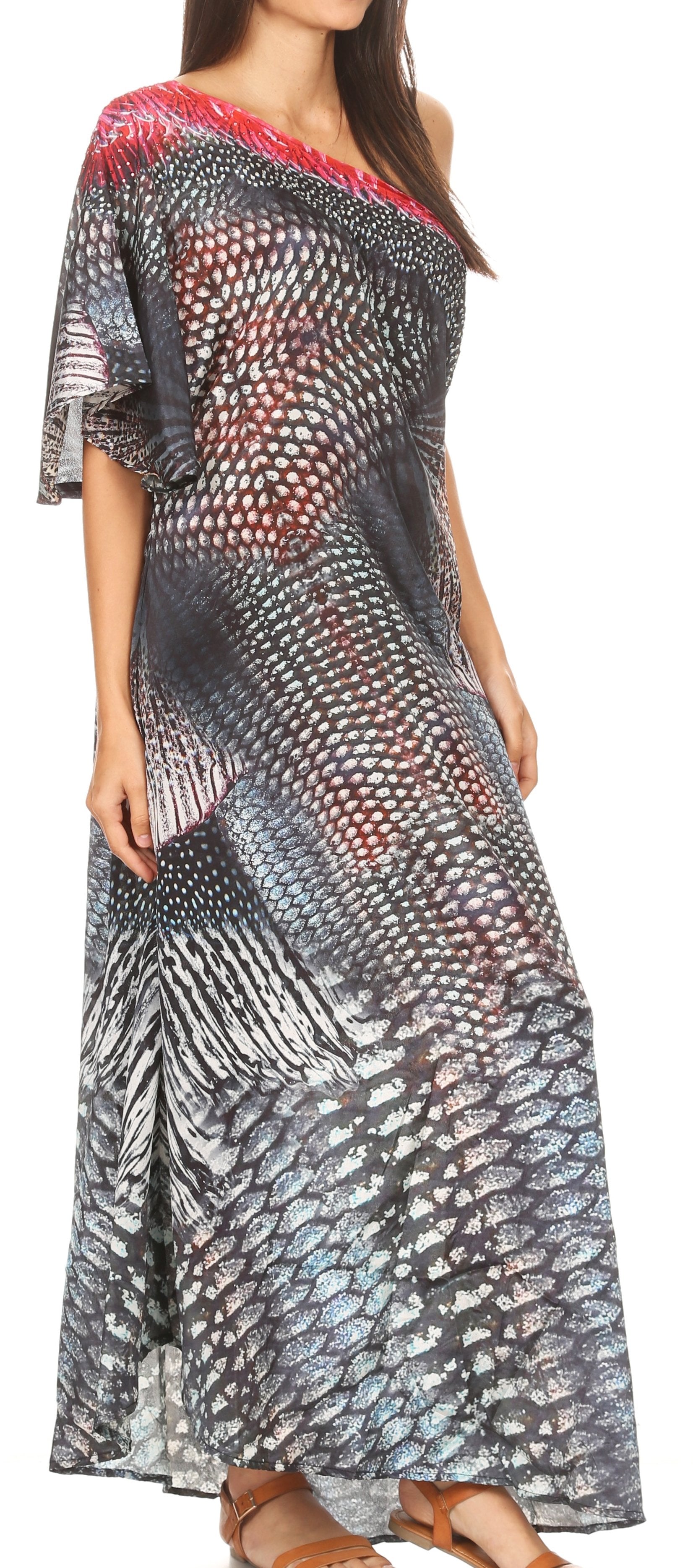 Long dress with geometric pattern and colorful trim on a white background
