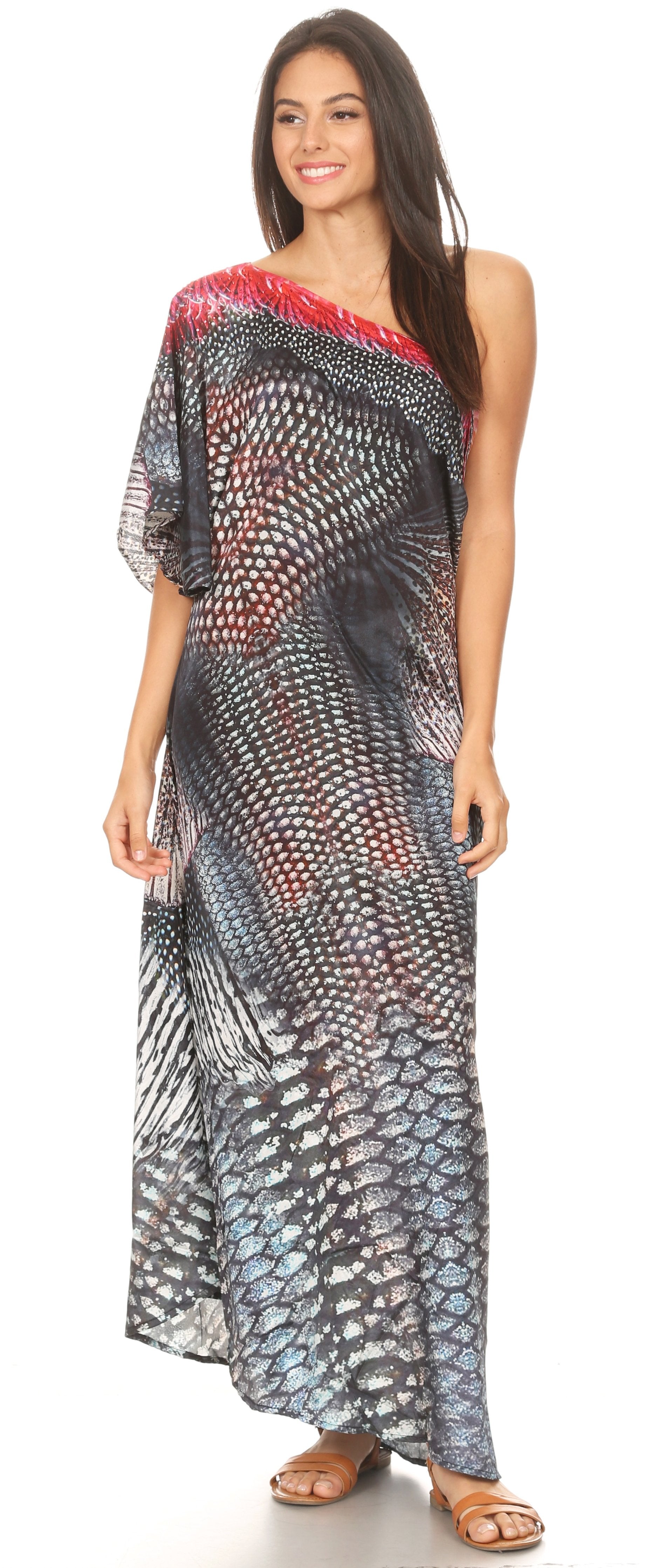 Woman wearing a patterned dress on a white background