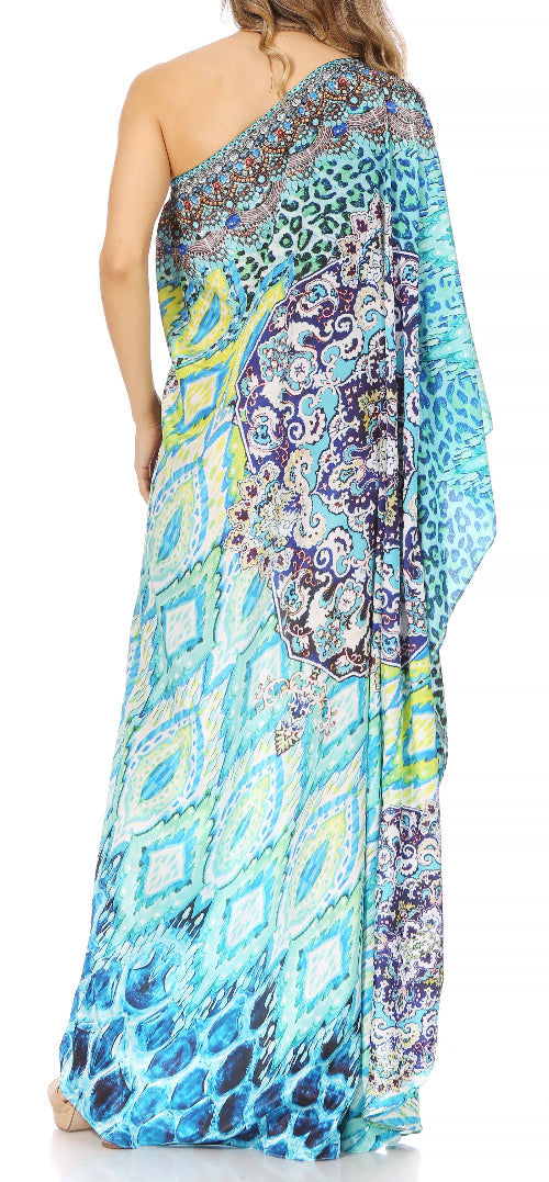 One-shoulder patterned dress with a colorful design