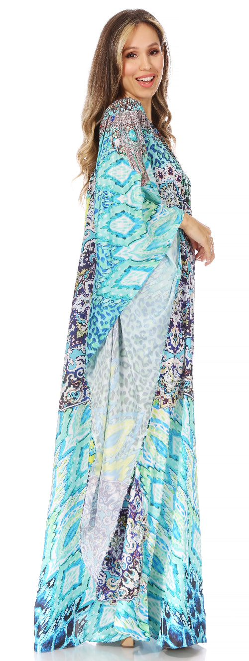 Woman wearing a colorful patterned dress on a white background