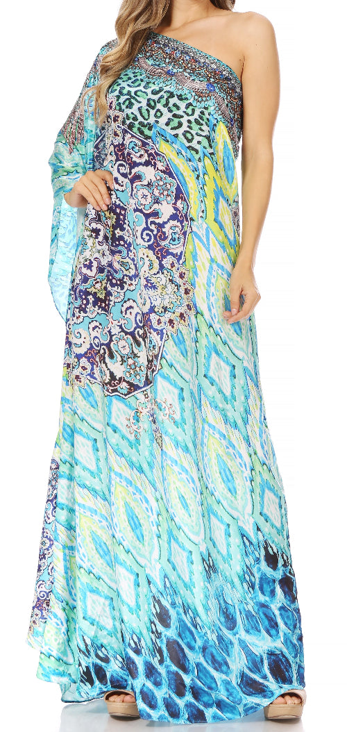 Colorful one-shoulder dress with geometric and floral patterns on a white background