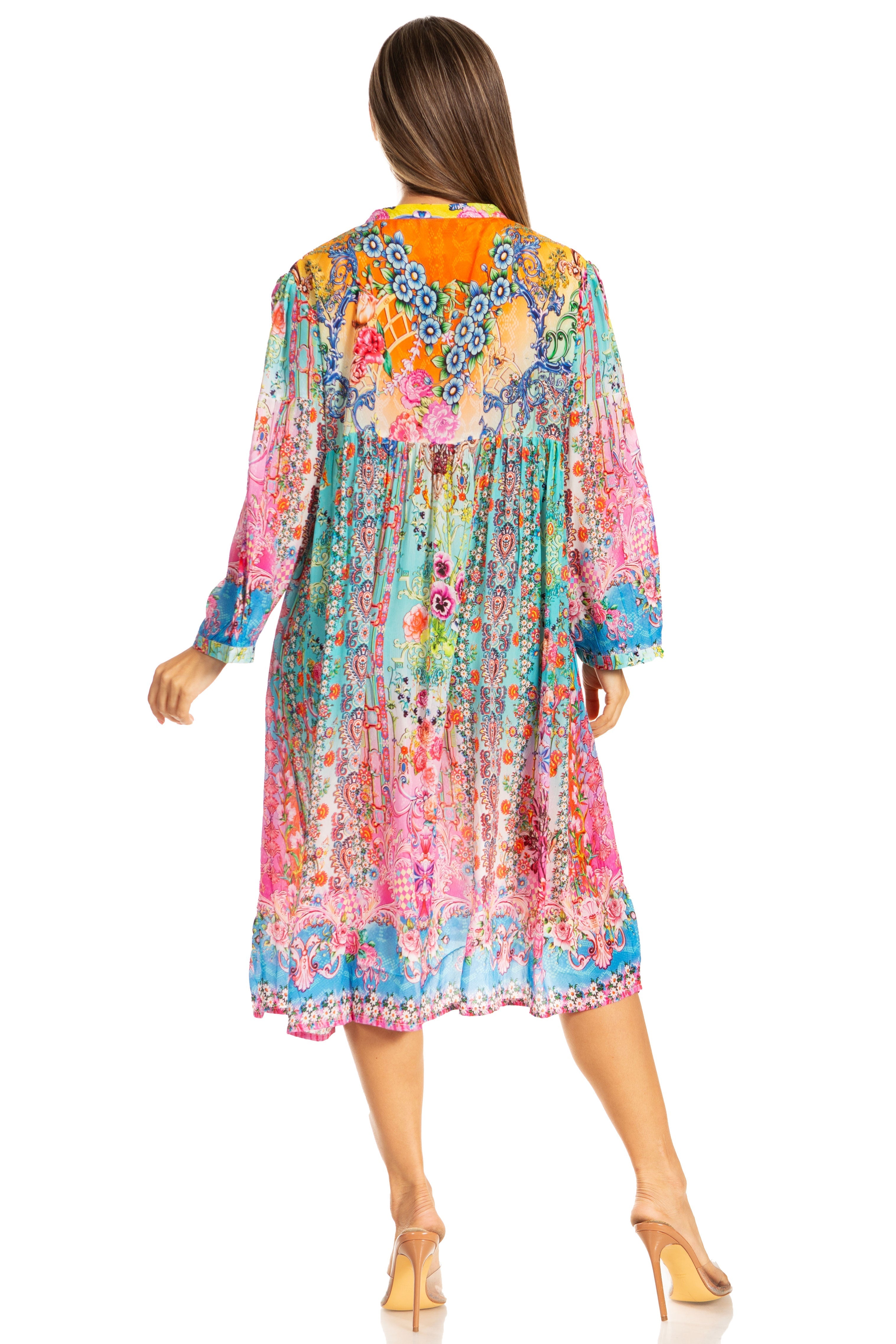 Sakkas - 3/4 Puff Sleeves Split Neck Summer Short Flowy Swing Dress/Cover-up