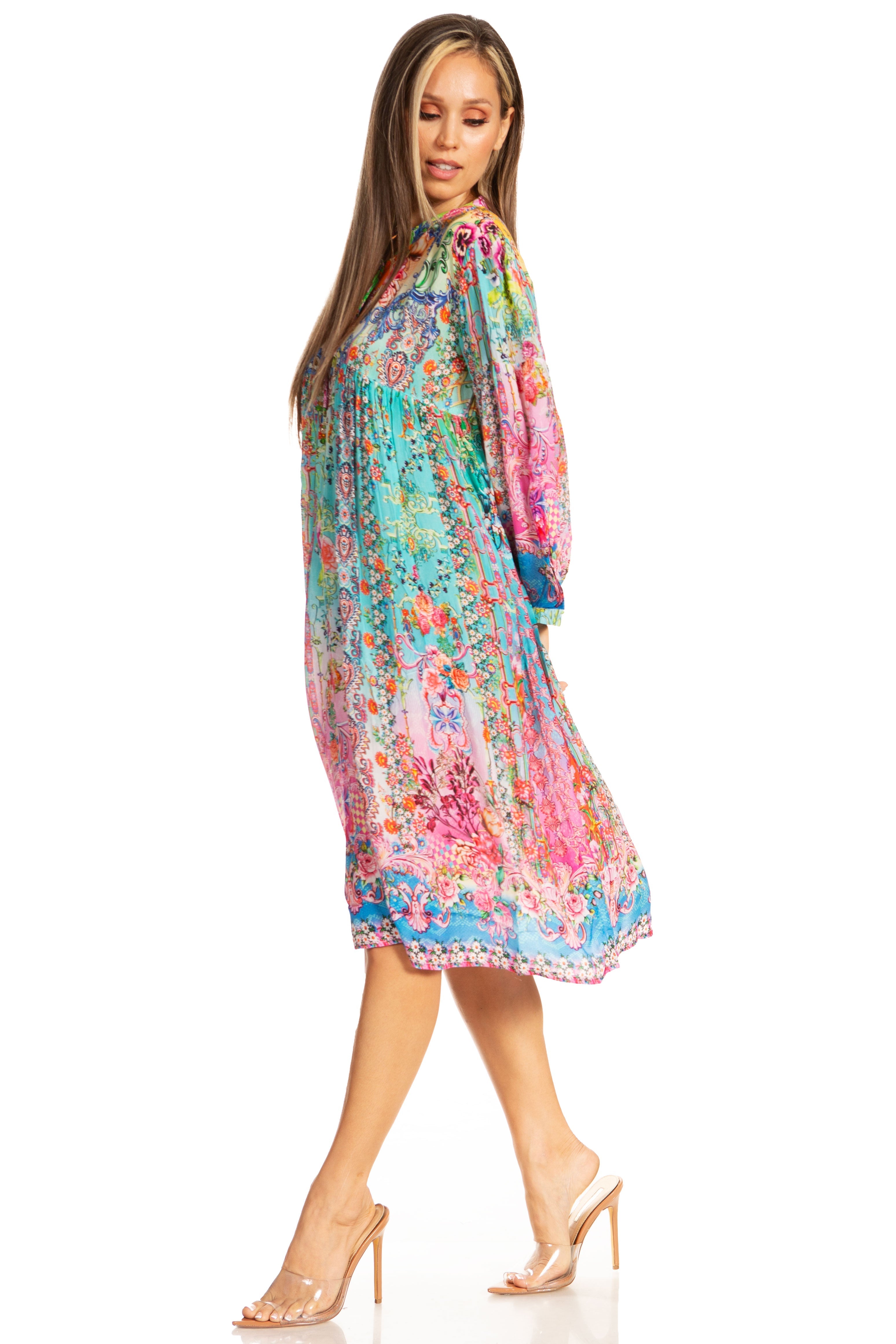Sakkas - 3/4 Puff Sleeves Split Neck Summer Short Flowy Swing Dress/Cover-up