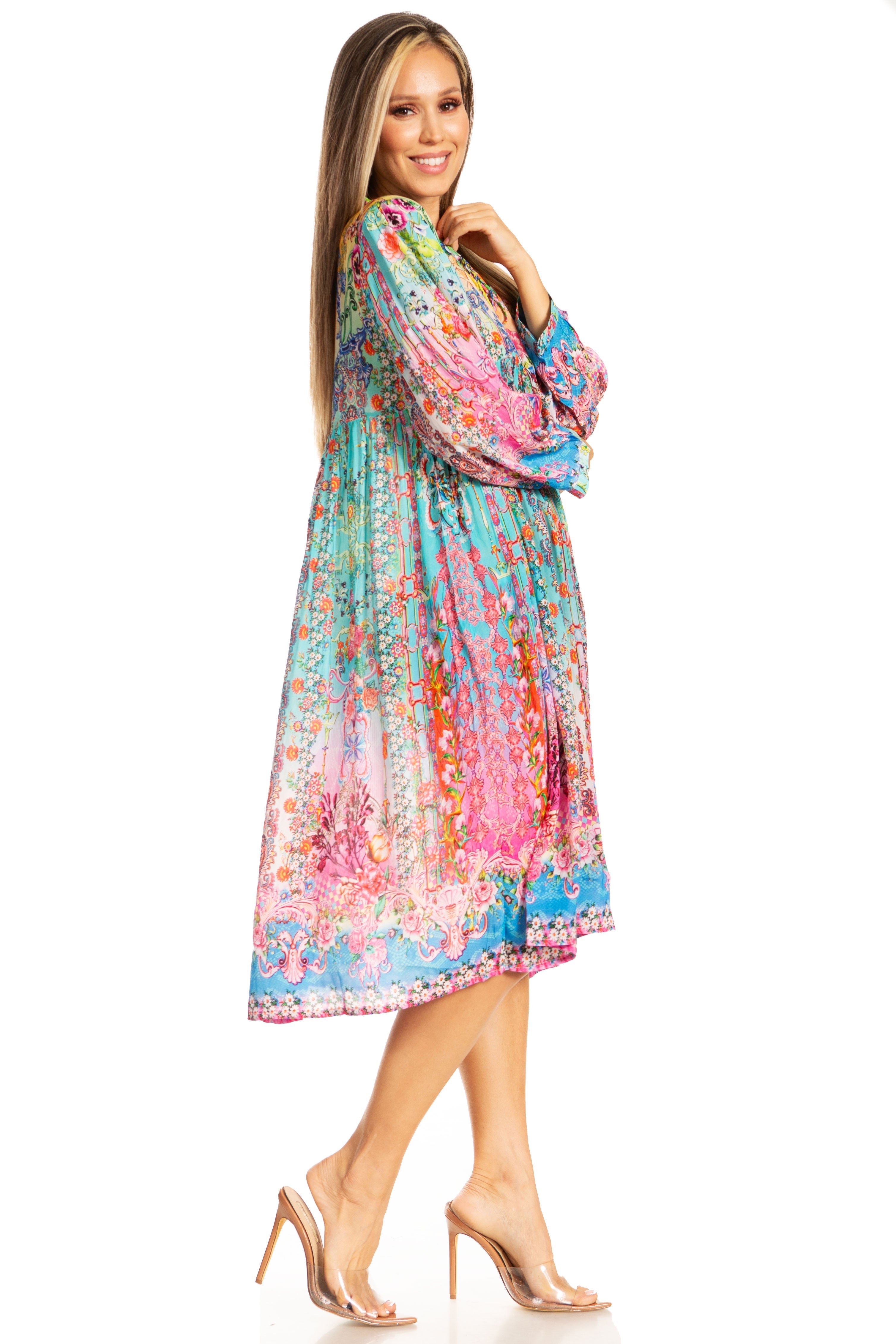 Sakkas - 3/4 Puff Sleeves Split Neck Summer Short Flowy Swing Dress/Cover-up