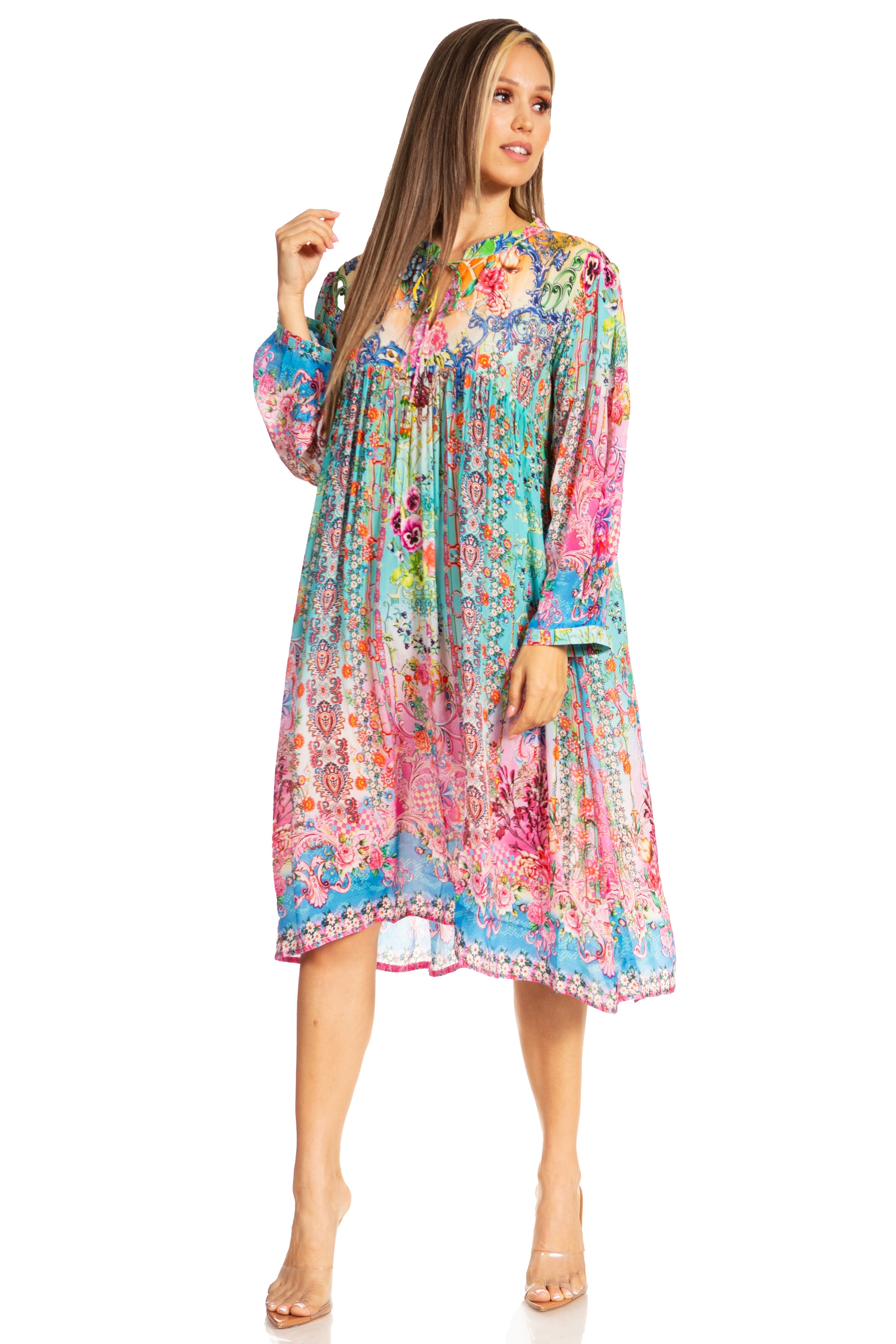 Sakkas - 3/4 Puff Sleeves Split Neck Summer Short Flowy Swing Dress/Cover-up
