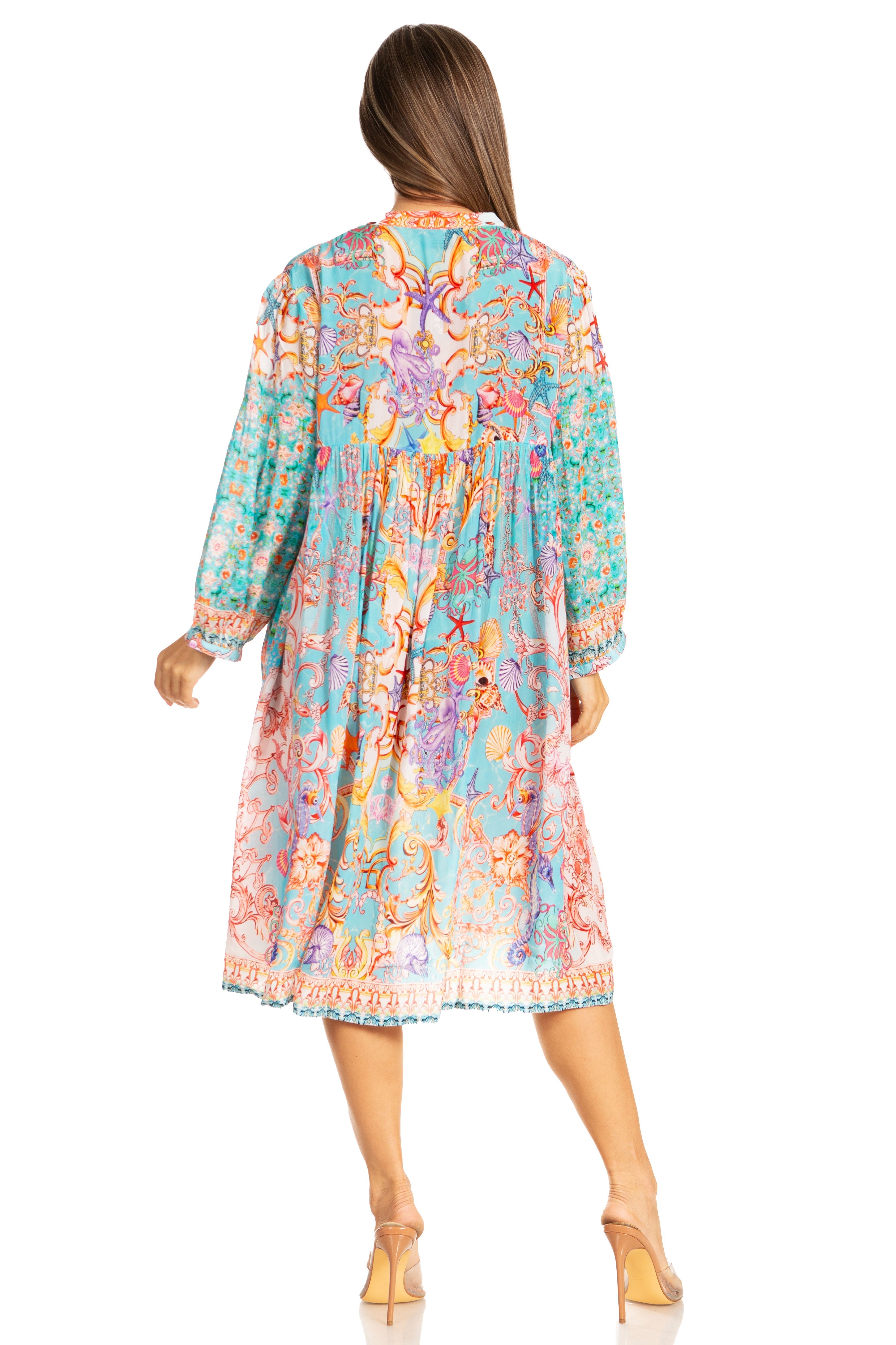 Sakkas - 3/4 Puff Sleeves Split Neck Summer Short Flowy Swing Dress/Cover-up