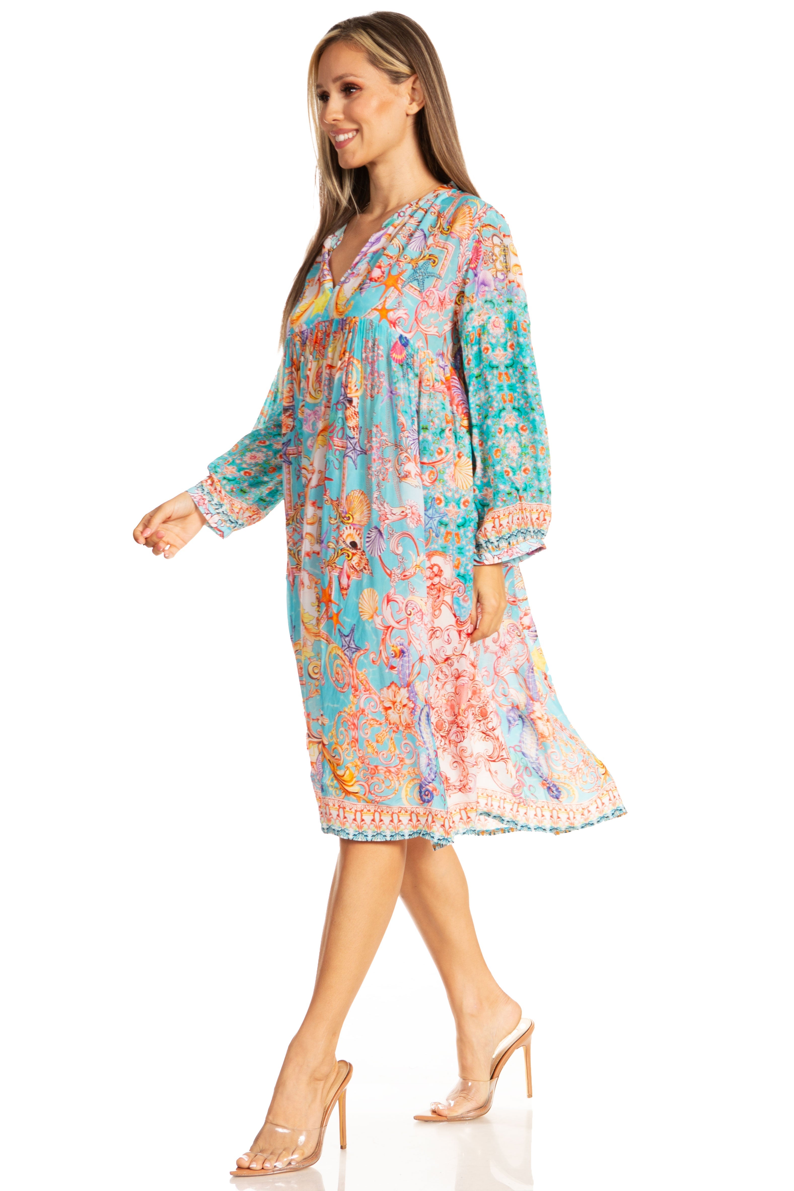Sakkas - 3/4 Puff Sleeves Split Neck Summer Short Flowy Swing Dress/Cover-up