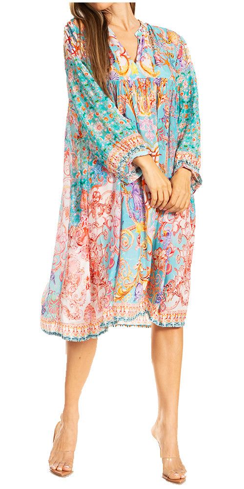 Woman wearing a colorful patterned dress on a white background