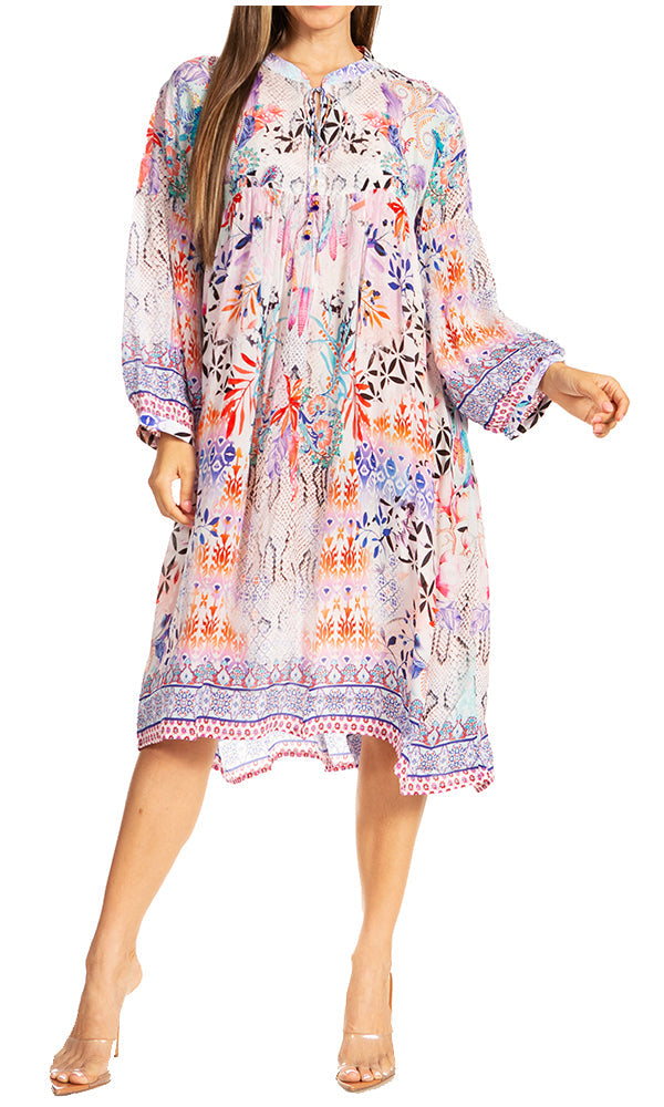 Woman wearing a colorful floral dress on a white background
