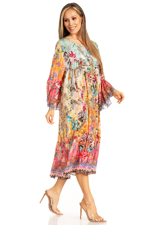 Woman wearing a colorful floral dress on a white background