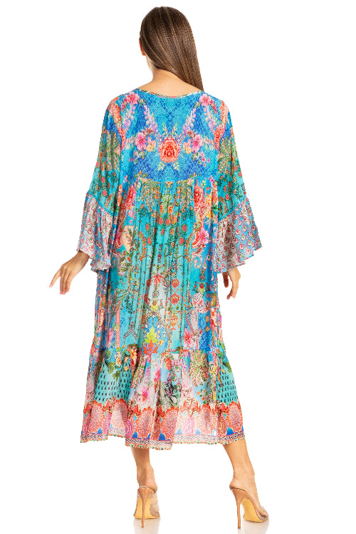 Woman wearing a colorful floral dress on a white background