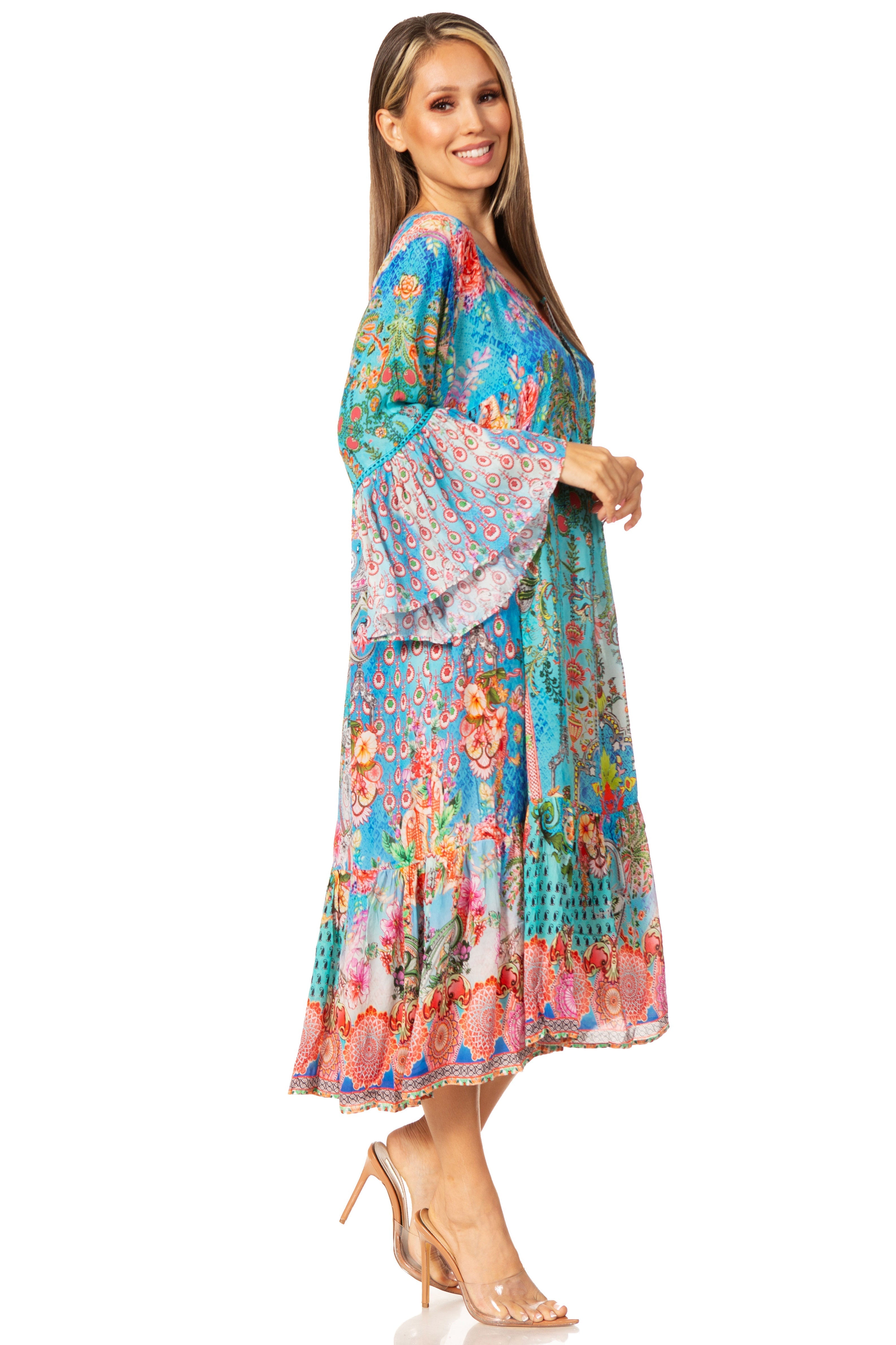 Woman wearing a colorful floral dress on a white background