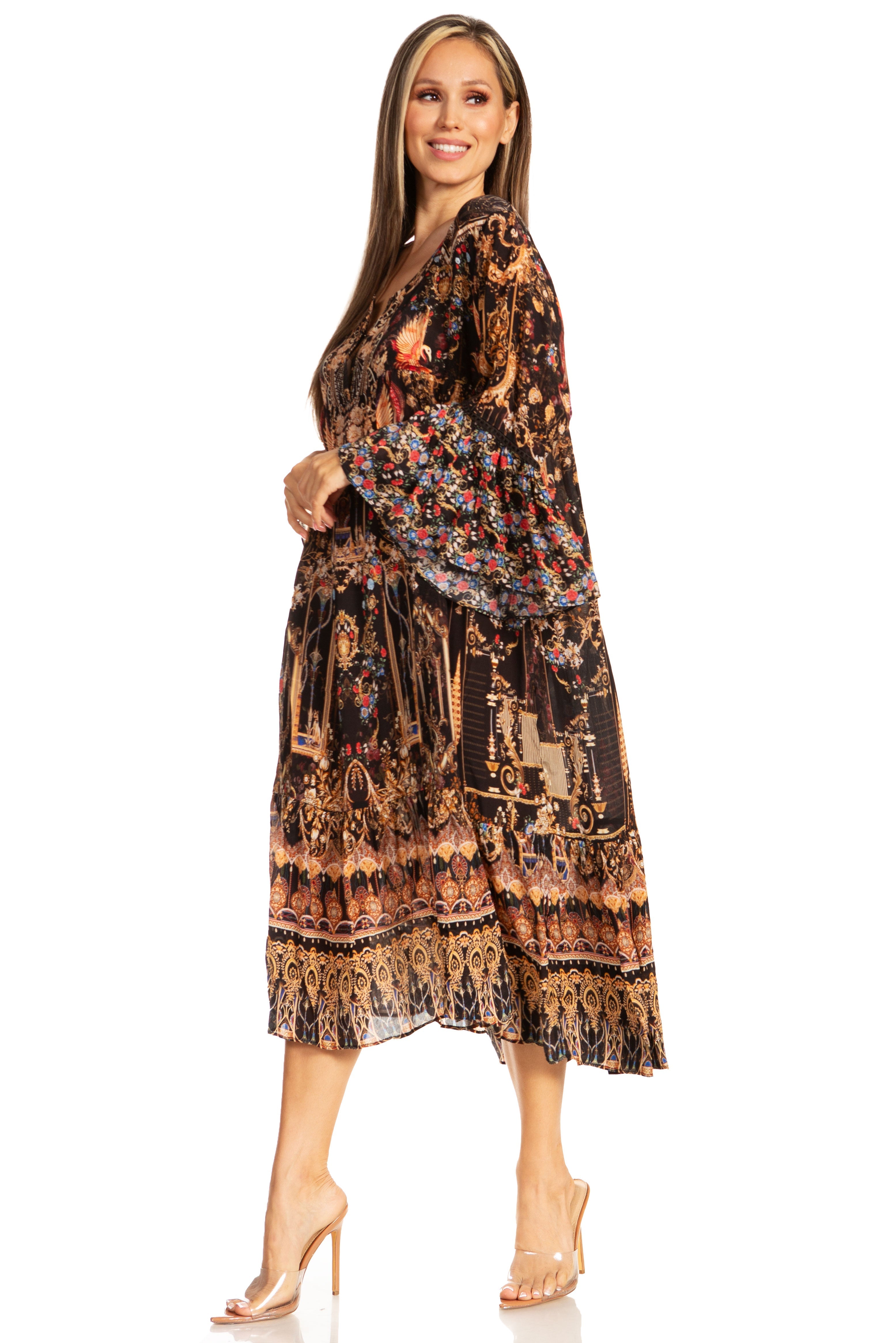 Woman wearing a patterned dress on a white background