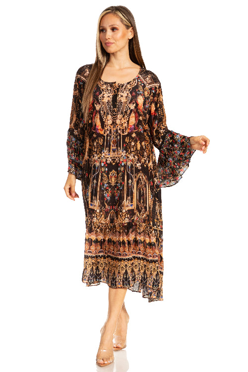 Woman wearing a patterned dress on a white background