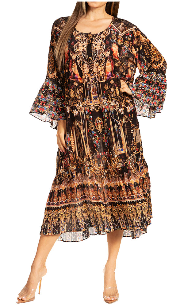 Woman wearing a patterned dress with long sleeves on a white background