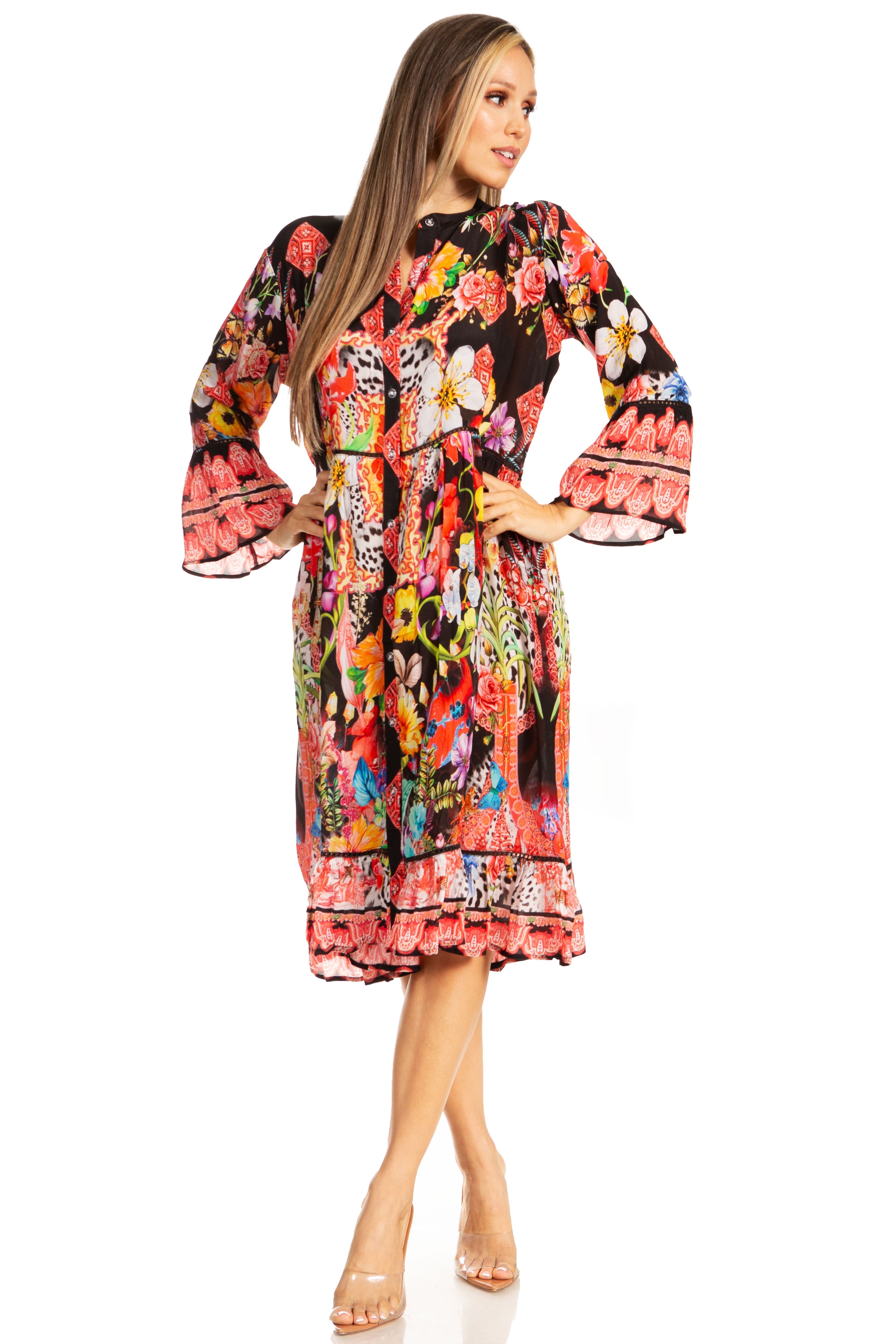 Woman wearing a colorful floral dress on a white background