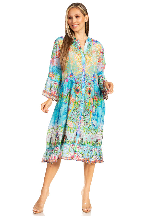 Woman wearing a colorful floral dress on a white background