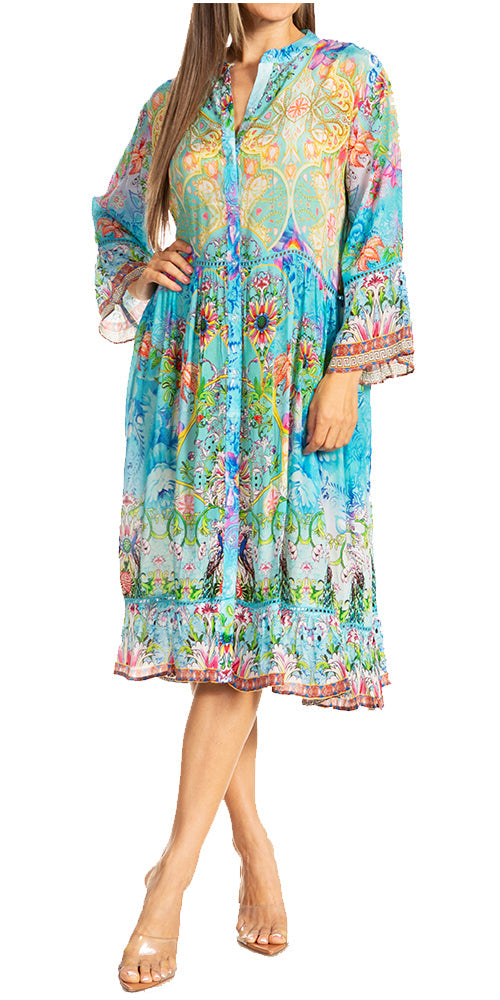 Woman wearing a colorful floral dress on a white background