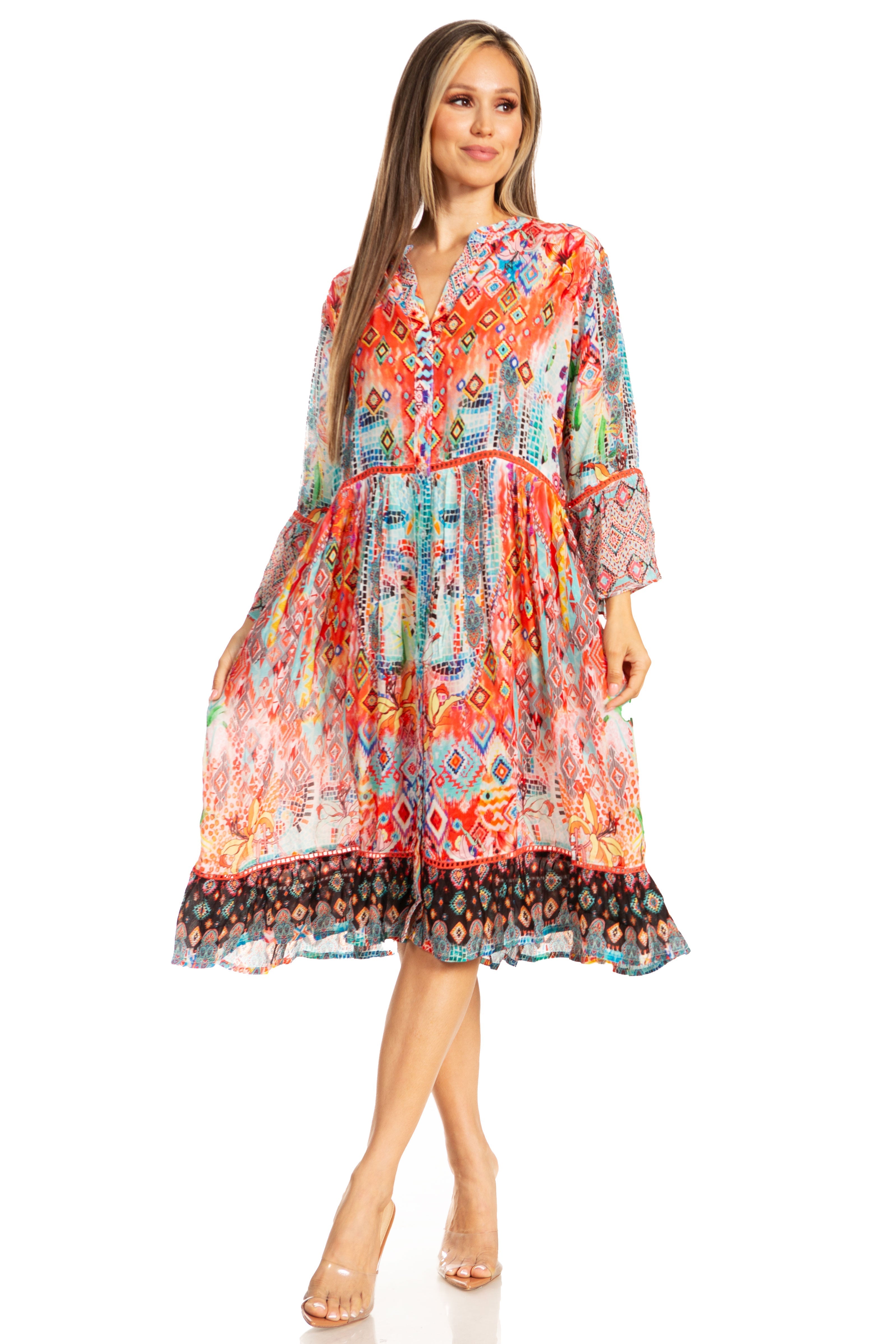 Woman wearing a colorful patterned dress on a white background