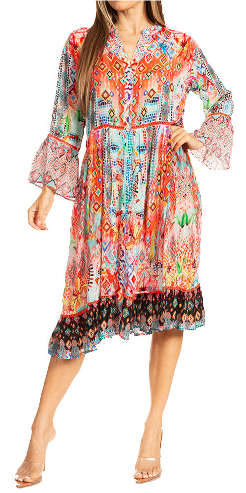 Colorful patterned dress worn by a model on a white background