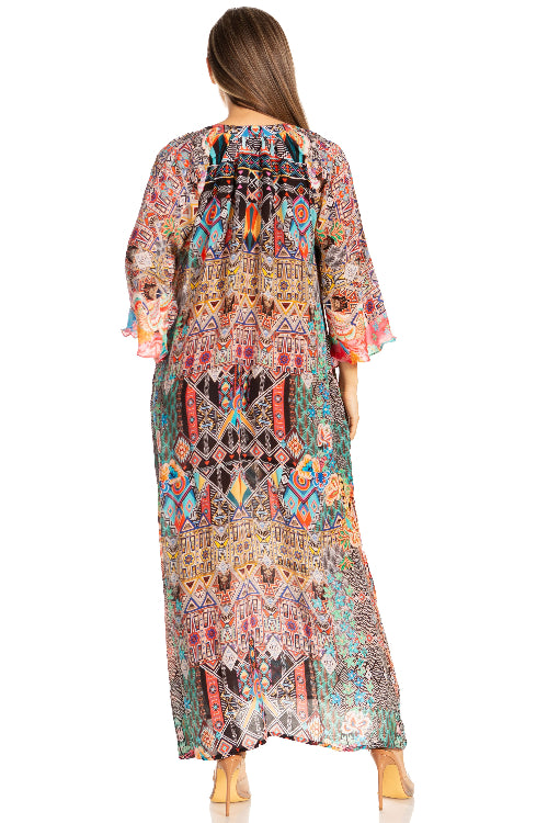 Woman wearing a colorful patterned dress on a white background